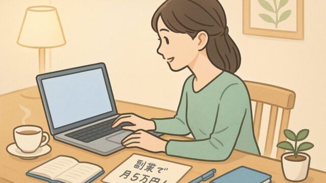 副業の目標を持って前向きに作業する女性のイラスト