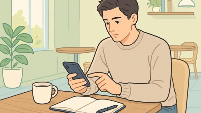 副業の始め方をスマホで検索している男性のイラスト