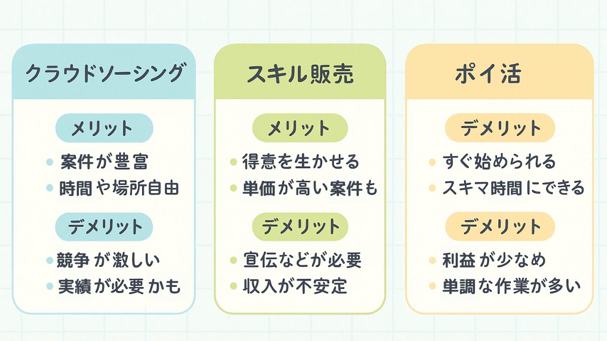 初心者向け副業3種類を比較した図解
