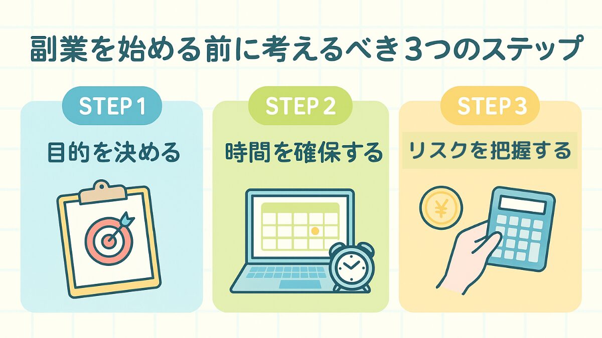 副業スタート前の準備ステップを図解したイラスト