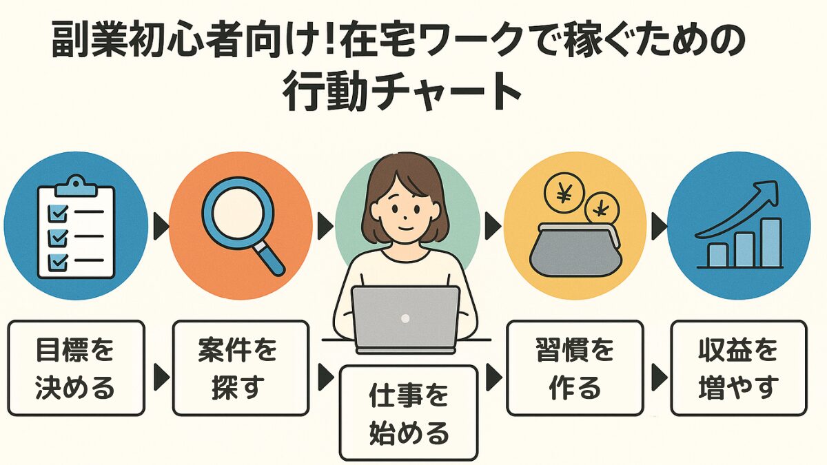 副業初心者が稼ぐまでの5ステップを示した図